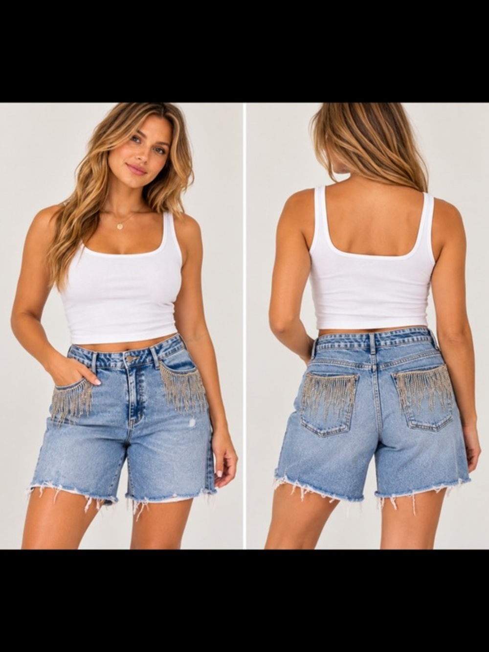 AVA & VIV High Rise Rhinestone Fringe Denim Bermuda Shorts Size 26